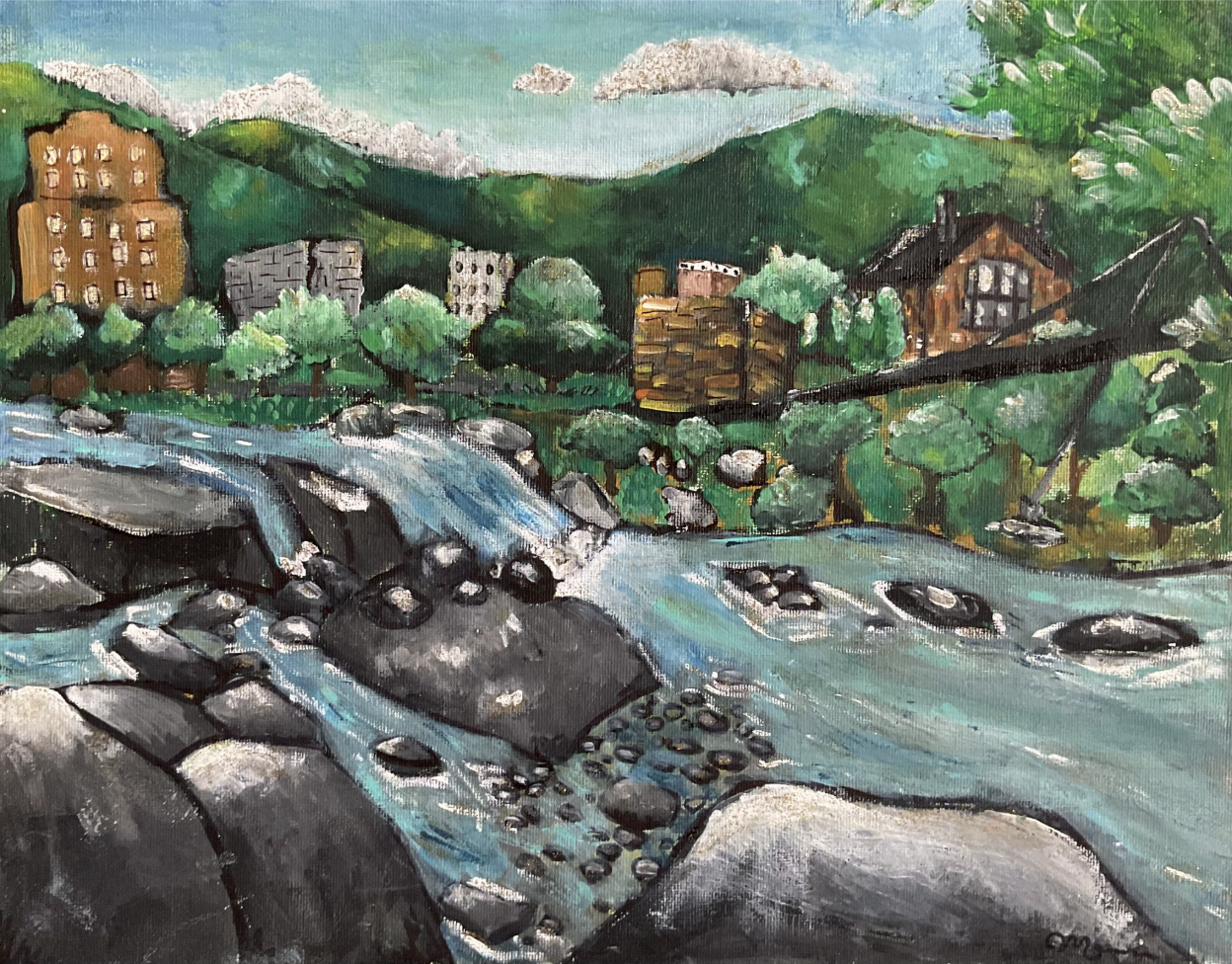 Landscape painting with river, rocks, and green hills