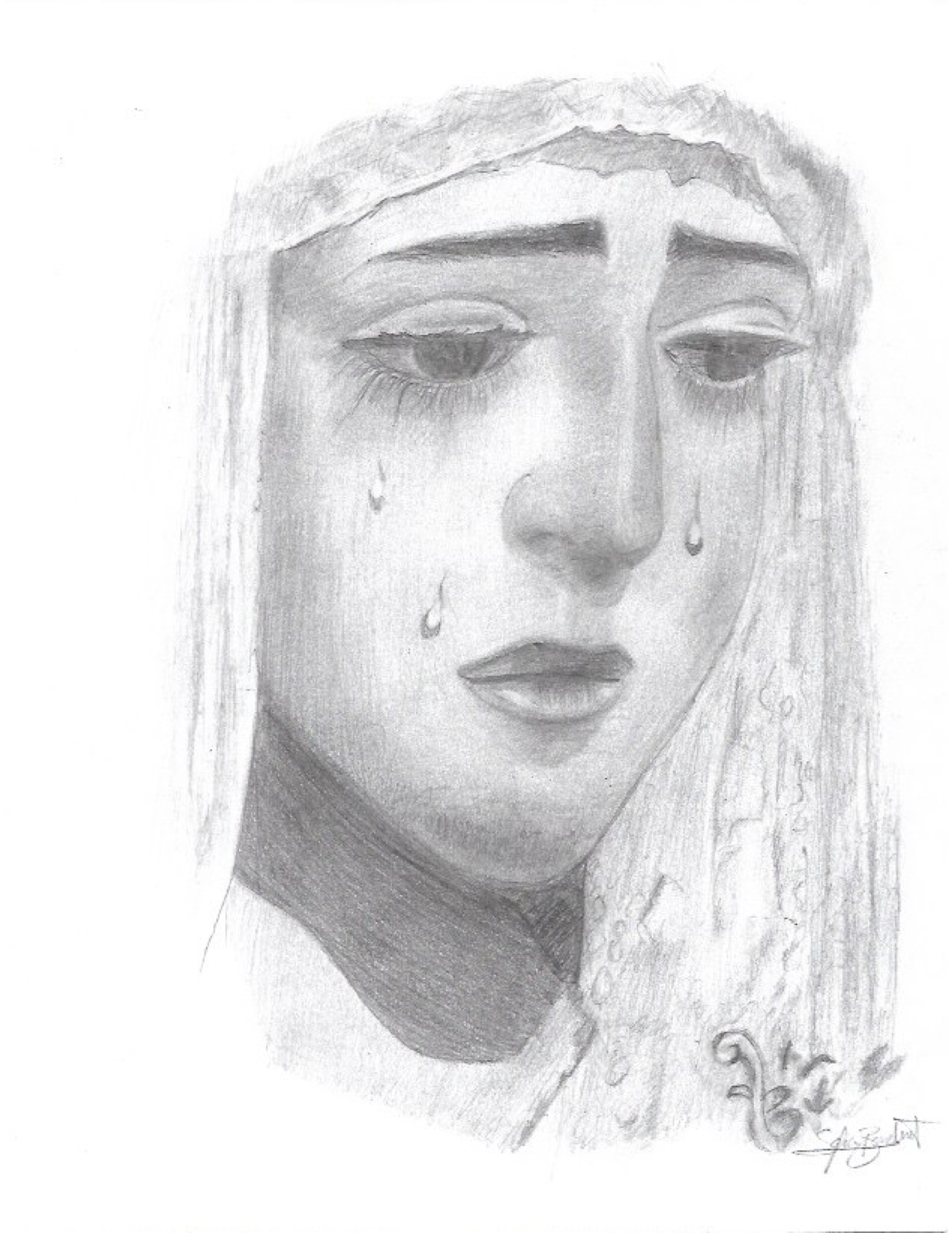 Pencil drawing titled Sorrowful Mother